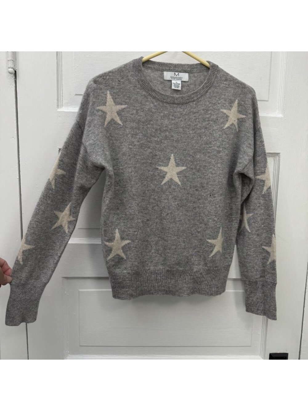 Magaschoni 100% Cashmere Star Sweater Women M Gray Moth Holes Repair Repurpose
